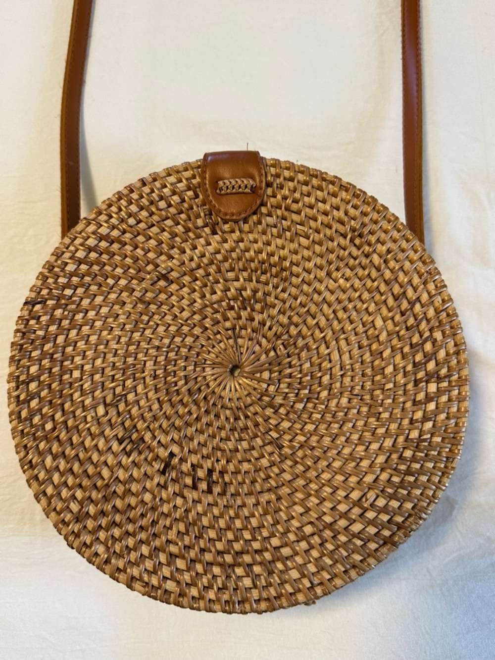 Genuine Rattan Round Woven Crossbody Bag Brown Faux Leather Trim Floral Inside